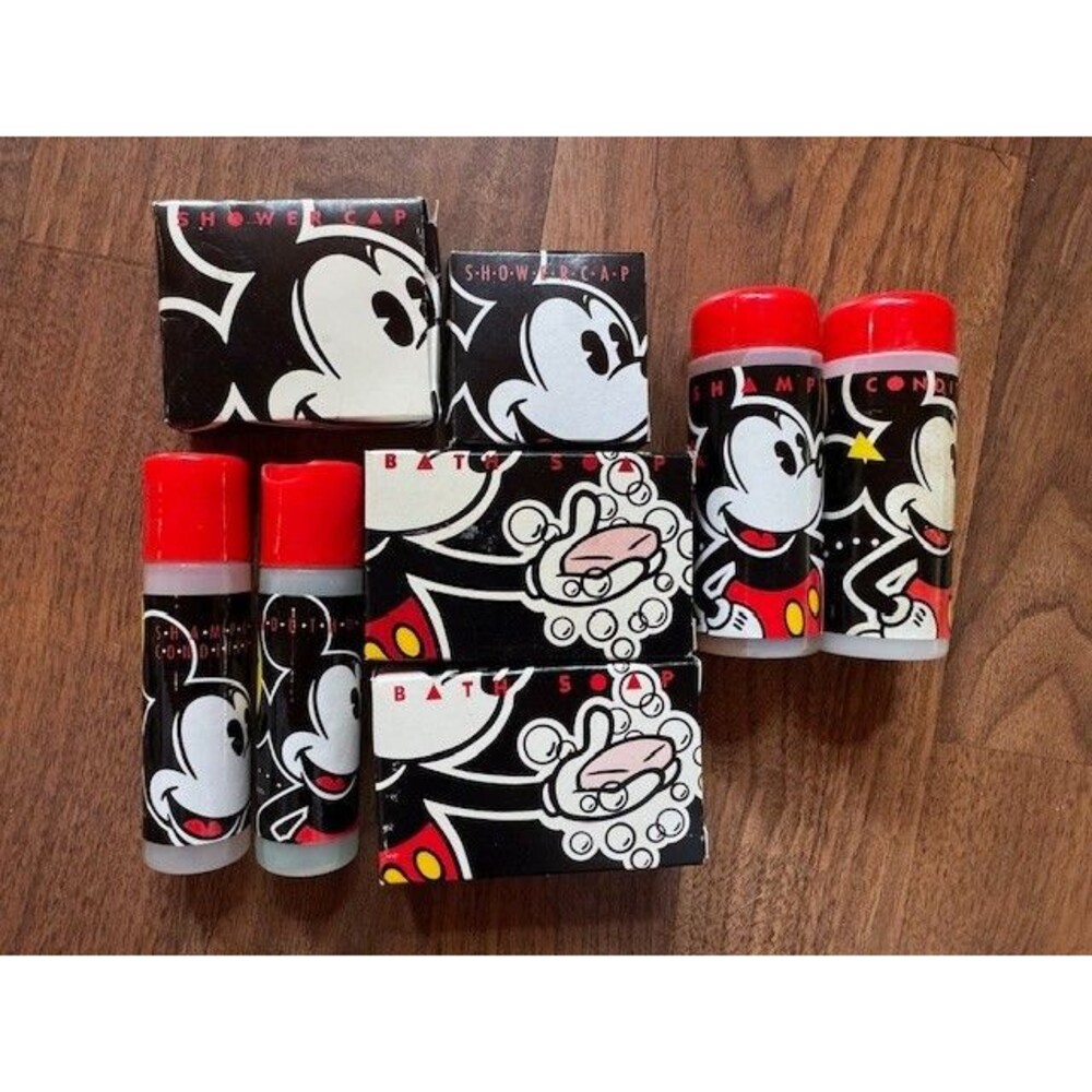 Vintage Walt‎ Disney Mickey Mouse Toiletries 8 PC Soap Mouthwash Conditioner Cap